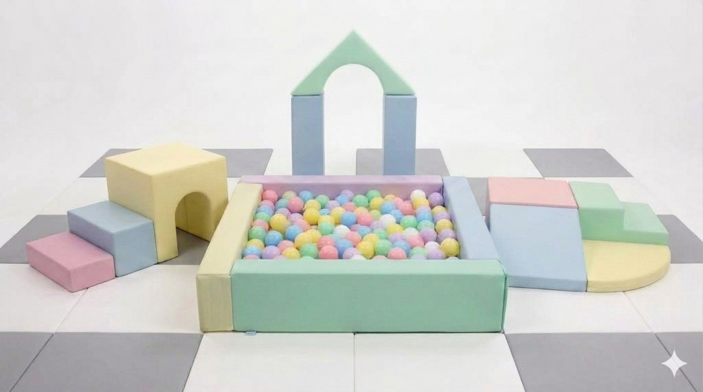 Colorful pastel soft play setup with ball pit and foam blocks